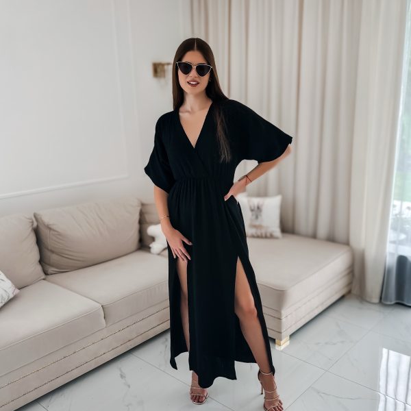 Sukienka muślinowa z dwoma rozcięciami i kimonowym dekoltem czarny