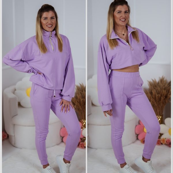 Dzianinowy komplet dresowy - bluza Multiway 2w1 ze stójką i dopasowane spodnie z przeszyciami liliowy