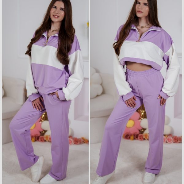Dzianinowy komplet dresowy Color Block bluza Multiway 2w1 i spodnie z prostą nogawką liliowy-ecru