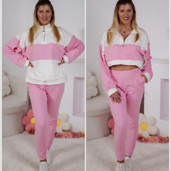 Dzianinowy komplet dresowy Color Block bluza Multiway 2w1 ze stójką i dopasowane spodnie ecru-różowy
