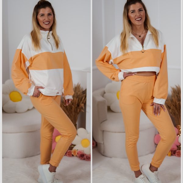 Dzianinowy komplet dresowy Color Block bluza Multiway 2w1 ze stójką i dopasowane spodnie ecru-pomarańczowy