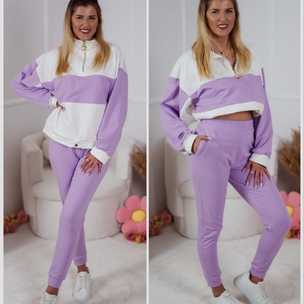 Dzianinowy komplet dresowy Color Block bluza Multiway 2w1 ze stójką i dopasowane spodnie ecru-liliowy