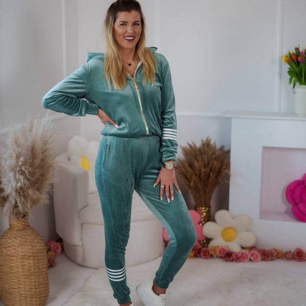 Komplet dresowy z weluru Velvet dopasowana rozpinana bluza i spodnie z lampasami szałwia