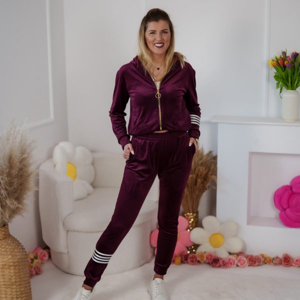 Komplet dresowy z weluru Velvet dopasowana rozpinana bluza i spodnie z lampasami śliwkowy burgund