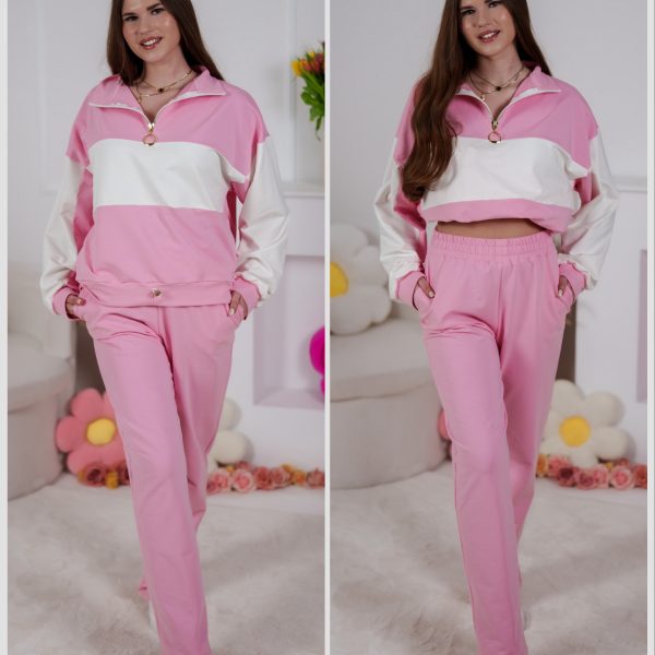 Dzianinowy komplet dresowy Color Block bluza Multiway 2w1 i spodnie z prostą nogawką różowy-ecru