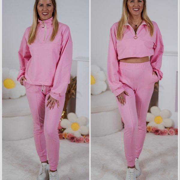 Dzianinowy komplet dresowy - bluza Multiway 2w1 ze stójką i dopasowane spodnie z przeszyciami różowy