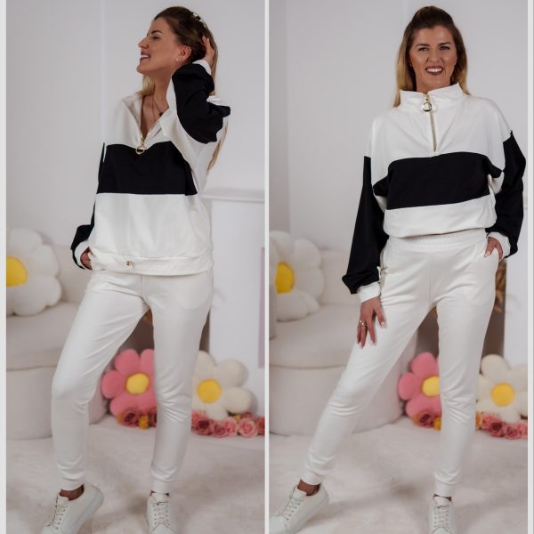 Dzianinowy komplet dresowy Color Block bluza Multiway 2w1 ze stójką i dopasowane spodnie ecru-czarny