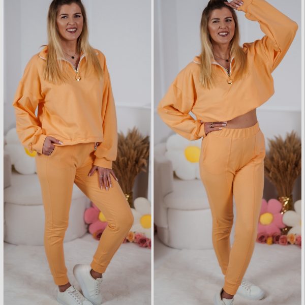 Dzianinowy komplet dresowy - bluza Multiway 2w1 ze stójką i dopasowane spodnie z przeszyciami pomarańczowy