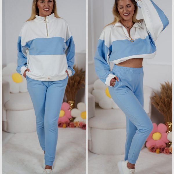 Dzianinowy komplet dresowy Color Block bluza Multiway 2w1 ze stójką i dopasowane spodnie ecru-błękitny