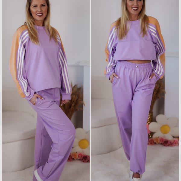 Dzianinowy komplet dresowy Color Block z lampasami i stoperami liliowo-pomarańczowy