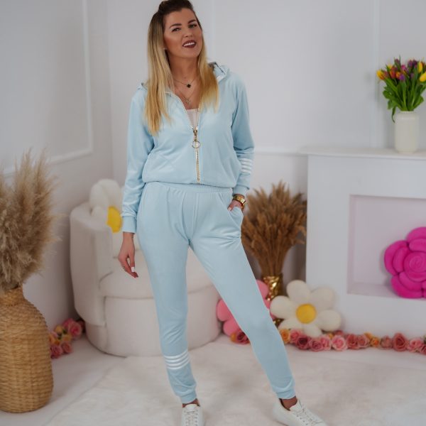 Komplet dresowy z weluru Velvet dopasowana rozpinana bluza i spodnie z lampasami błękit