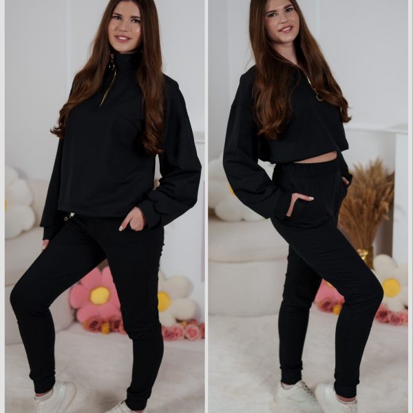 Dzianinowy komplet dresowy - bluza Multiway 2w1 ze stójką i dopasowane spodnie z przeszyciami czarny