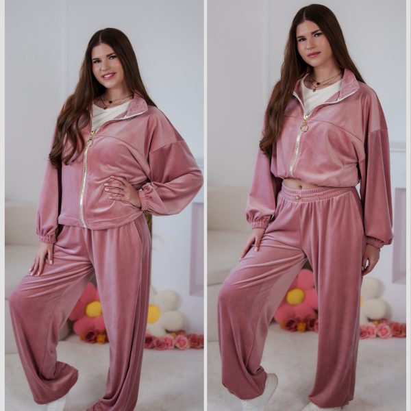 Komplet Dresowy z weluru Velvet Multiway 2w1 rozpinana bluza i spodnie ze stoperami róż