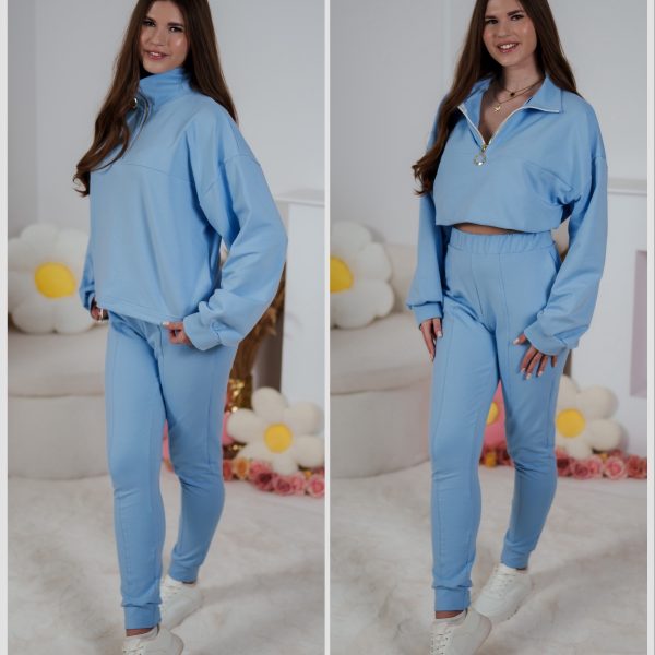 Dzianinowy komplet dresowy - bluza Multiway 2w1 ze stójką i dopasowane spodnie z przeszyciami błękitny