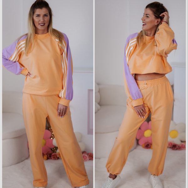 Dzianinowy komplet dresowy Color Block z lampasami i stoperami pomarańczowo-liliowy
