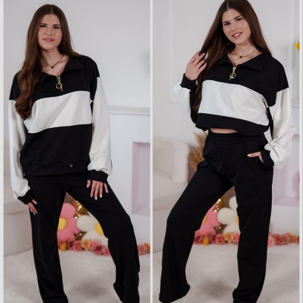 Dzianinowy komplet dresowy Color Block bluza Multiway 2w1 i spodnie z prostą nogawką czarny-ecru