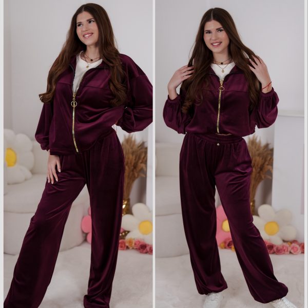 Komplet Dresowy z weluru Velvet Multiway 2w1 rozpinana bluza i spodnie ze stoperami śliwkowy burgund