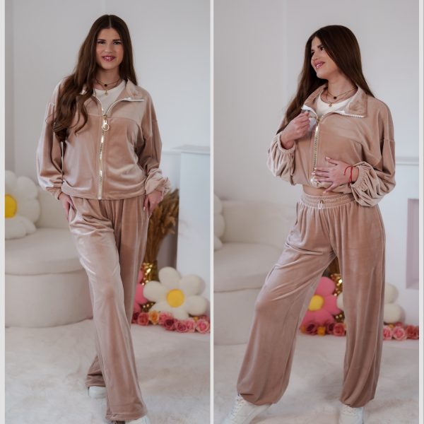 Komplet Dresowy z weluru Velvet Multiway 2w1 rozpinana bluza i spodnie ze stoperami beż